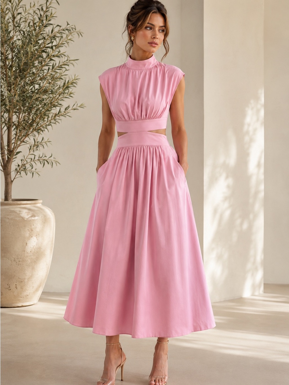 COMMENSE Pink Mock Neck Cutout Maxi Dress
